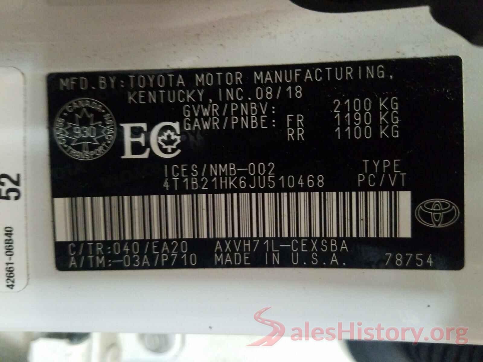 4T1B21HK6JU510468 2018 TOYOTA CAMRY