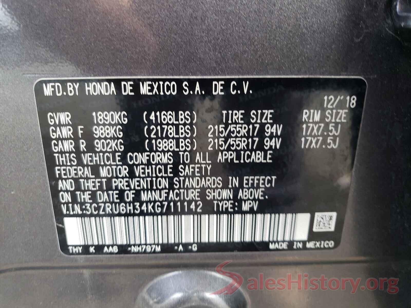 3CZRU6H34KG711142 2019 HONDA HR-V