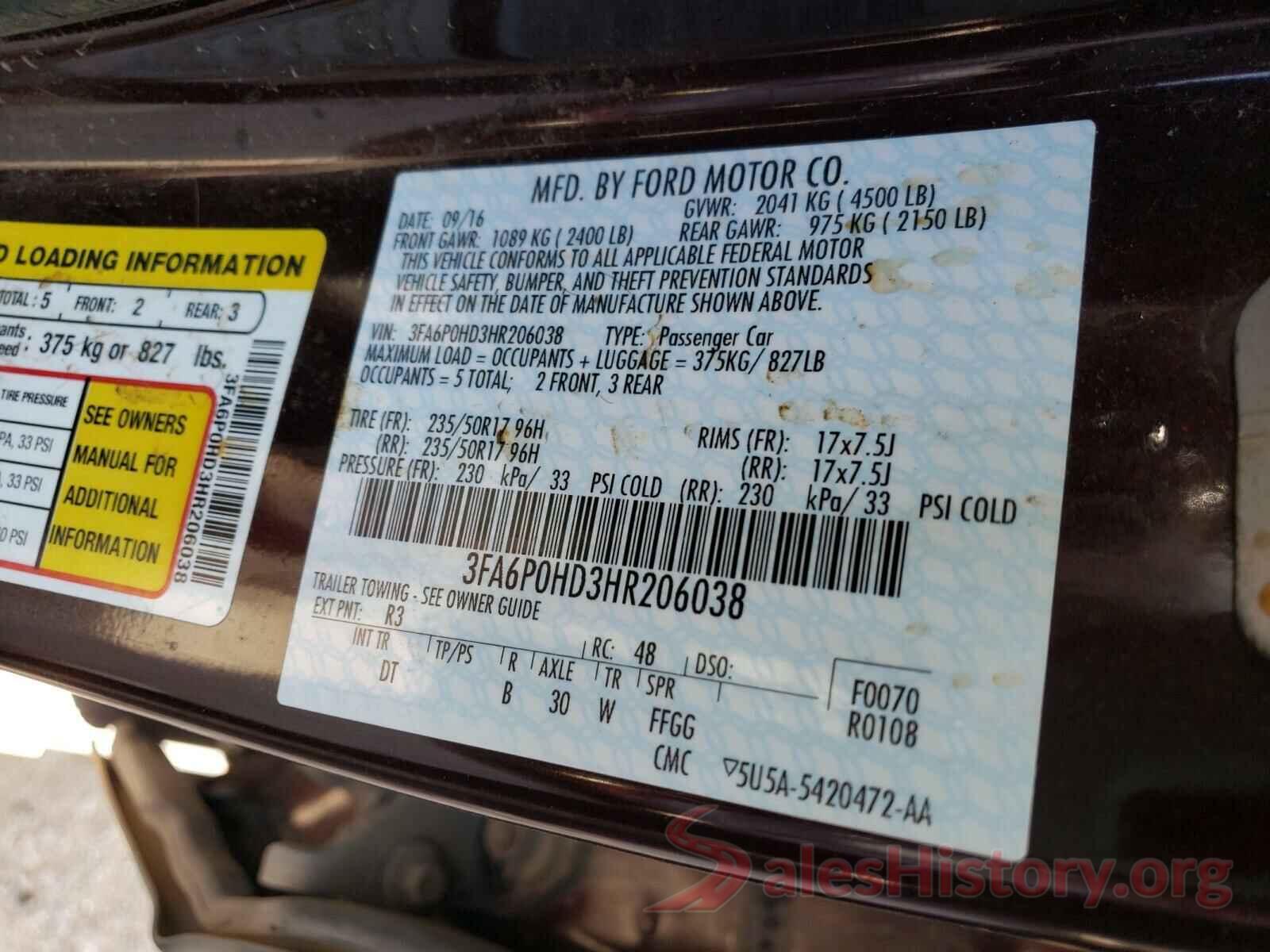 3FA6P0HD3HR206038 2017 FORD FUSION