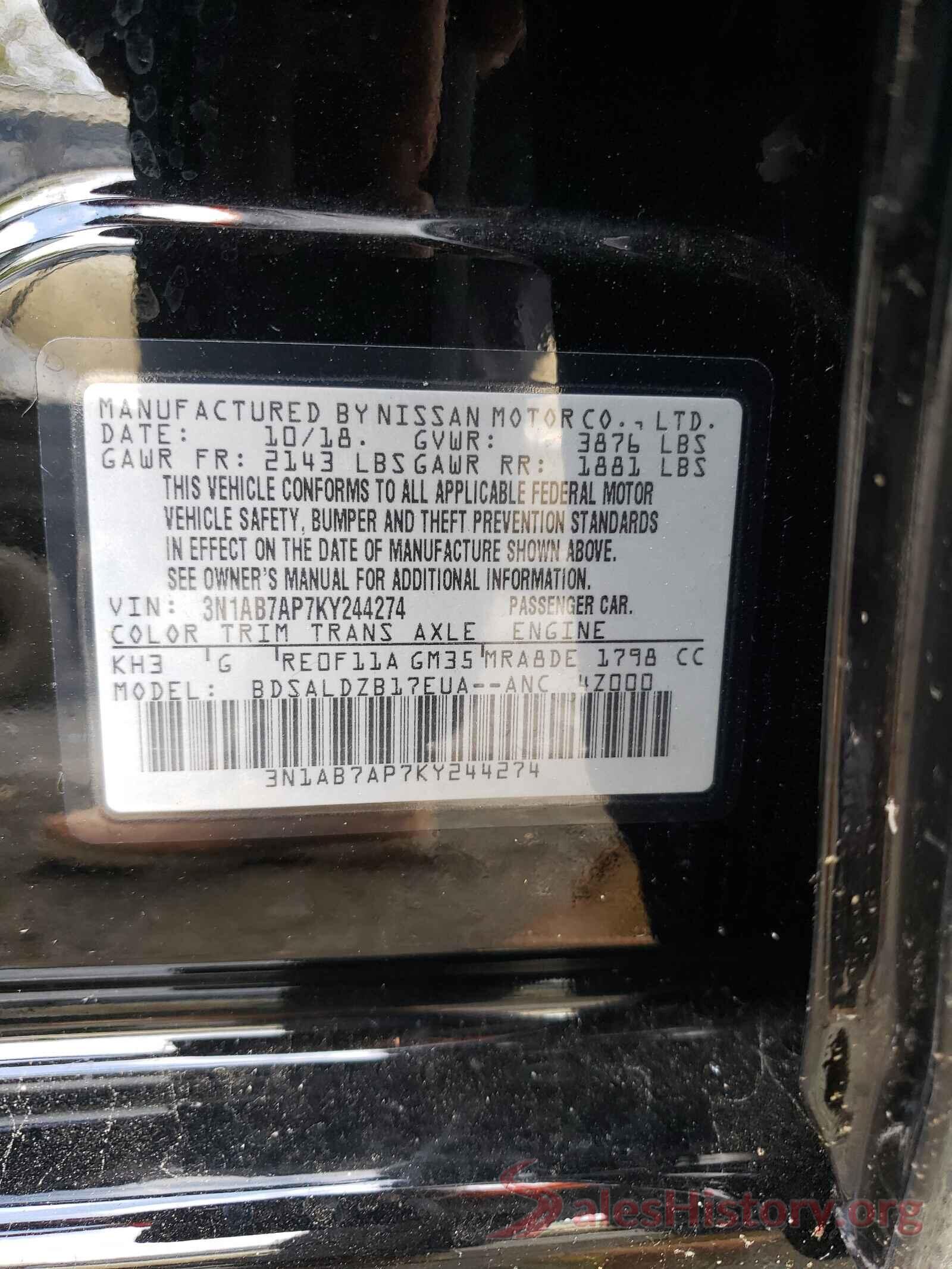 3N1AB7AP7KY244274 2019 NISSAN SENTRA