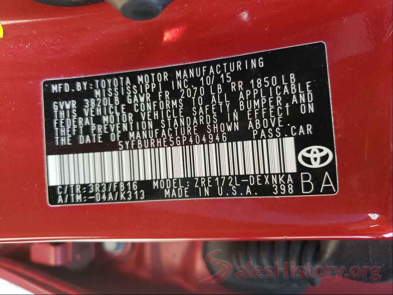 5YFBURHE5GP404946 2016 TOYOTA COROLLA