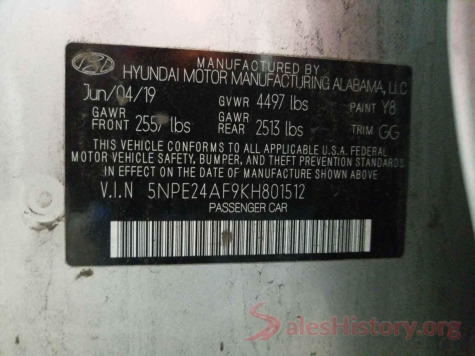 5NPE24AF9KH801512 2019 HYUNDAI SONATA