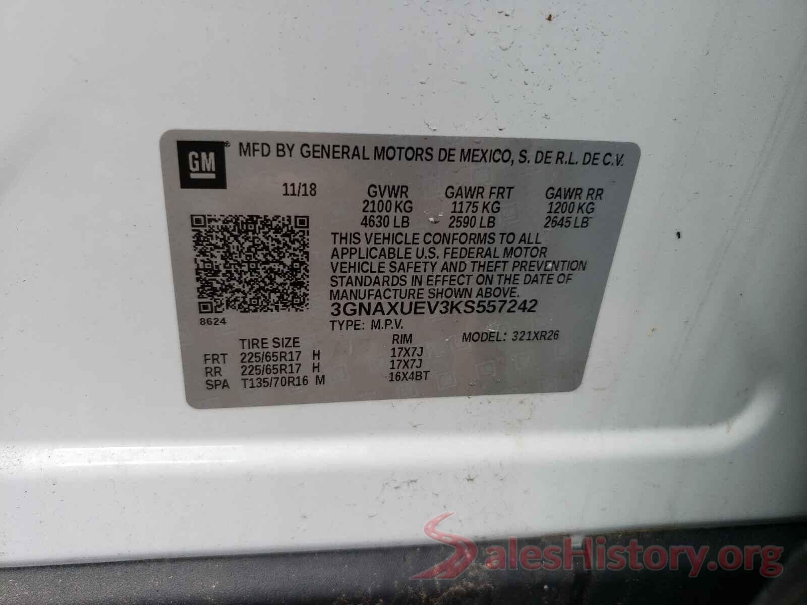 3GNAXUEV3KS557242 2019 CHEVROLET EQUINOX