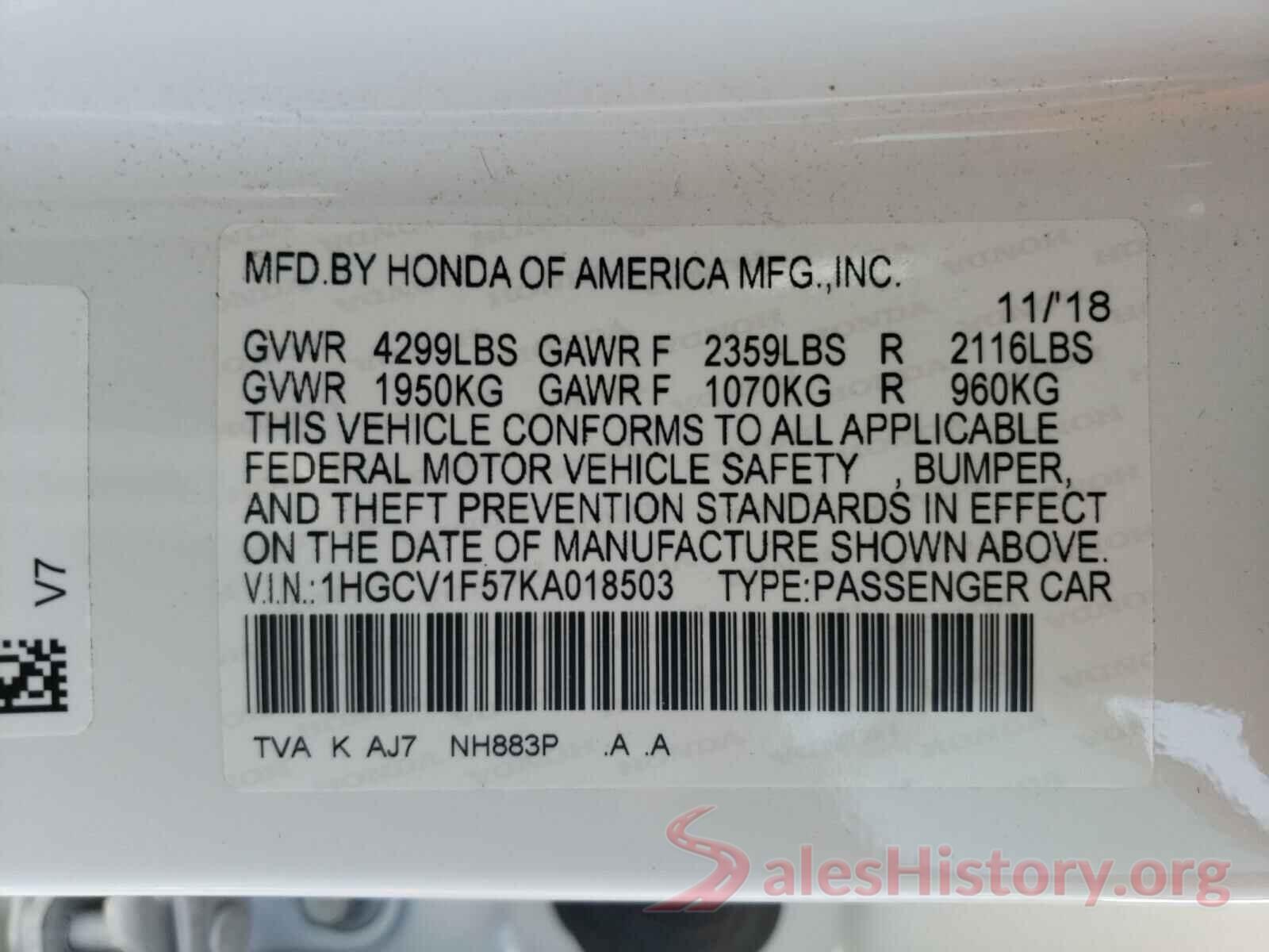 1HGCV1F57KA018503 2019 HONDA ACCORD