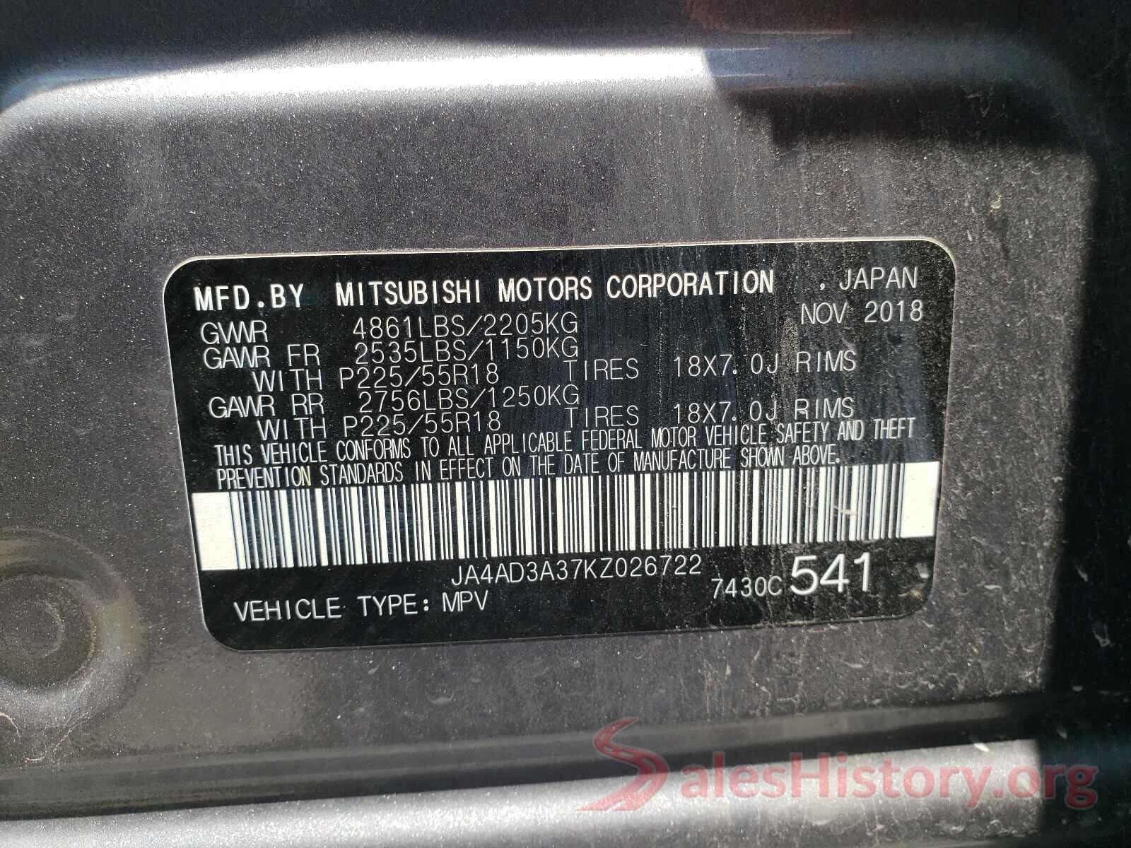 JA4AD3A37KZ026722 2019 MITSUBISHI OUTLANDER