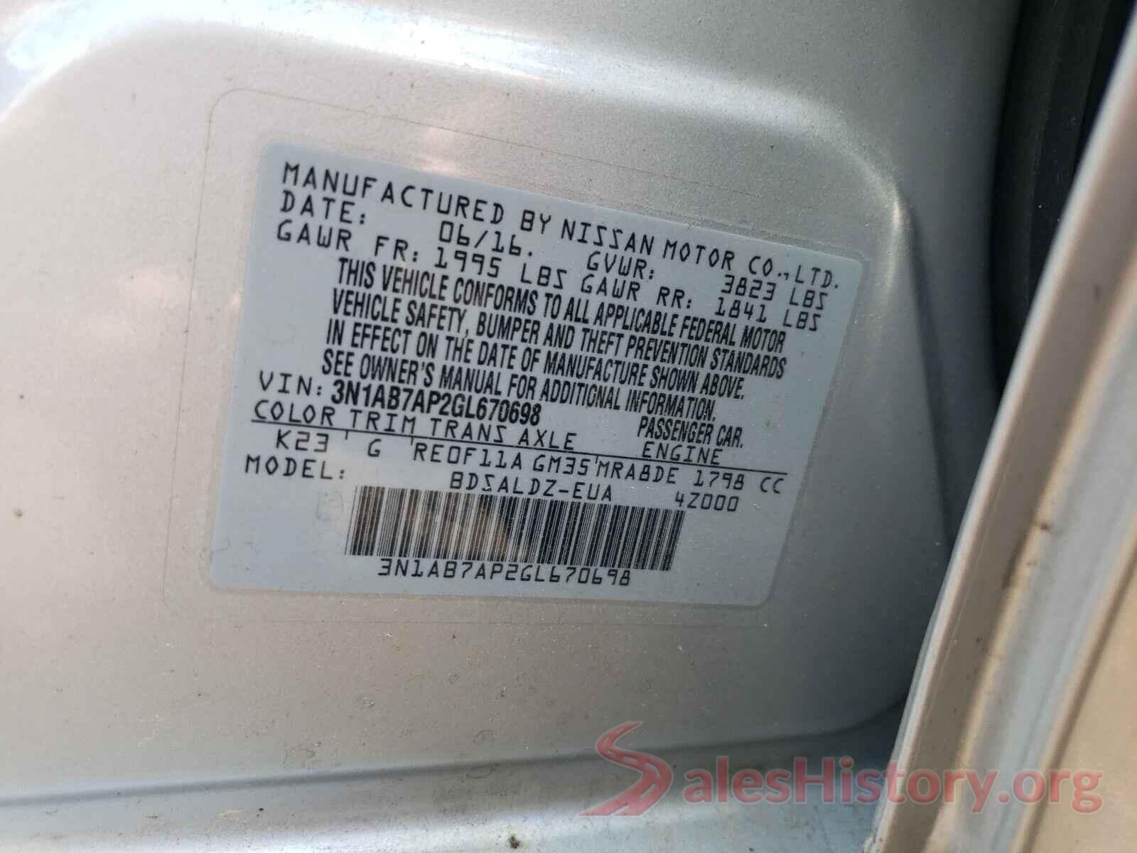 3N1AB7AP2GL670698 2016 NISSAN SENTRA