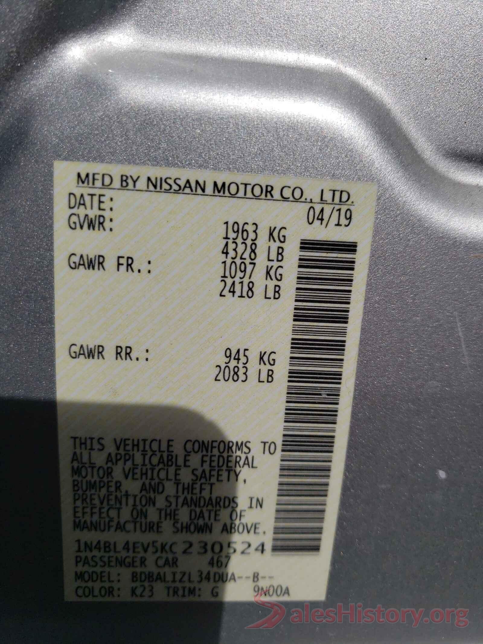 1N4BL4EV5KC230524 2019 NISSAN ALTIMA