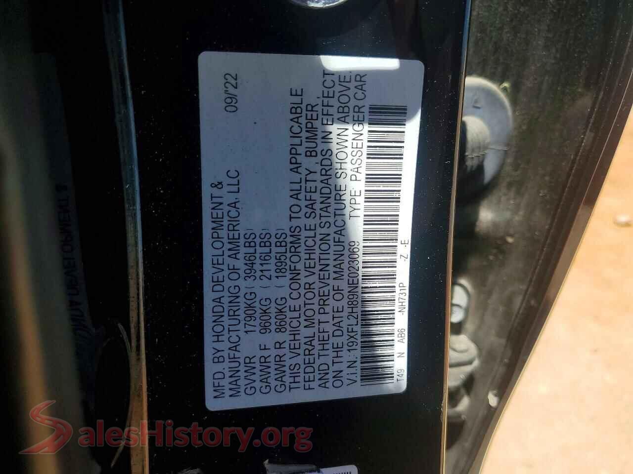 2022 HONDA CIVIC VIN 19XFL2H89NE023069, wheel and tire