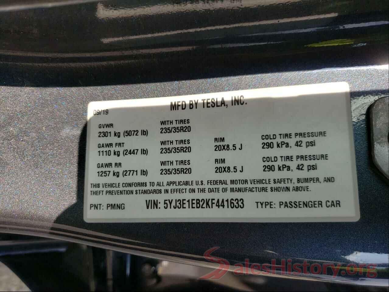 5YJ3E1EB2KF441633 2019 TESLA MODEL 3