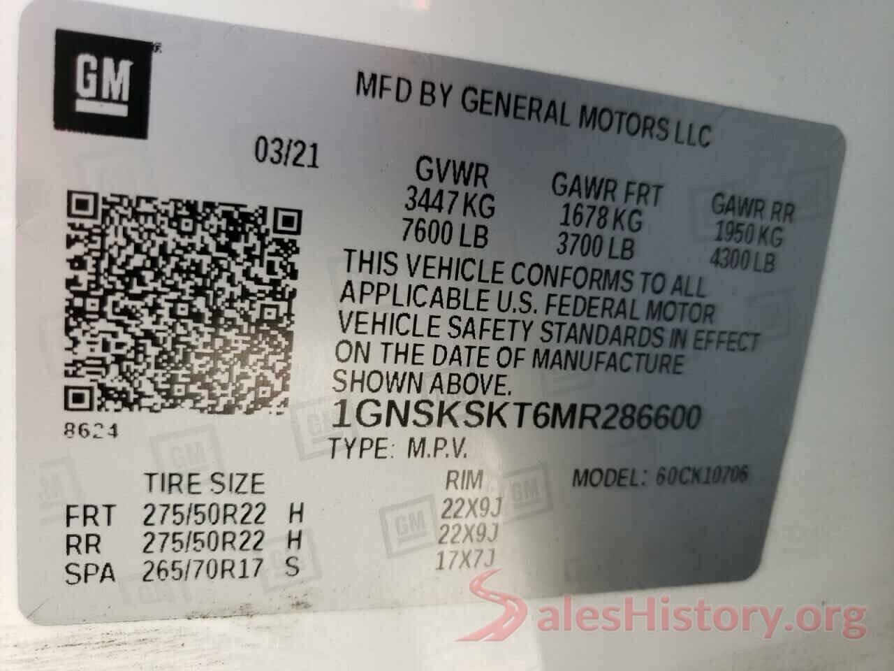 1GNSKSKT6MR286600 2021 CHEVROLET TAHOE