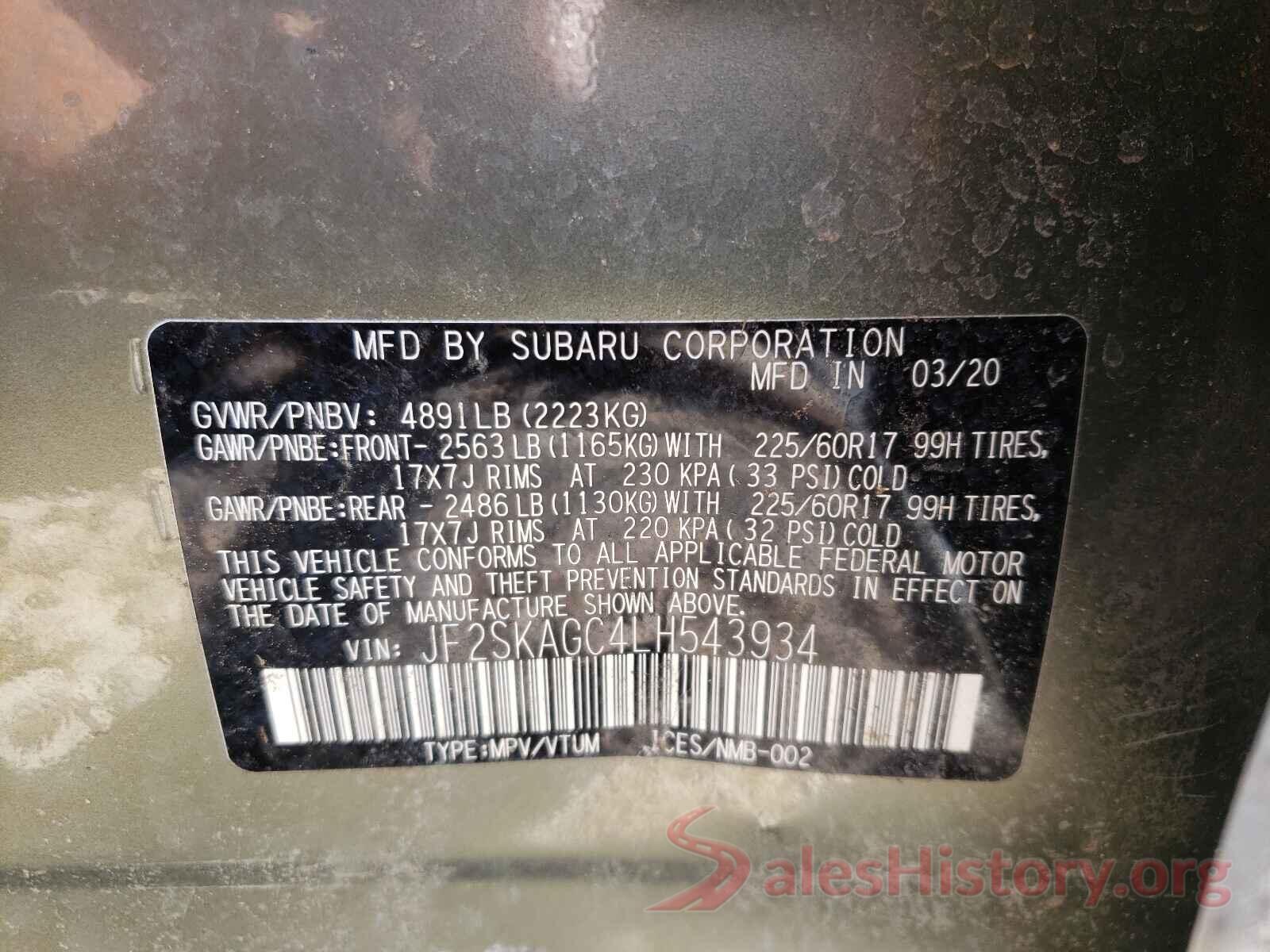 JF2SKAGC4LH543934 2020 SUBARU FORESTER