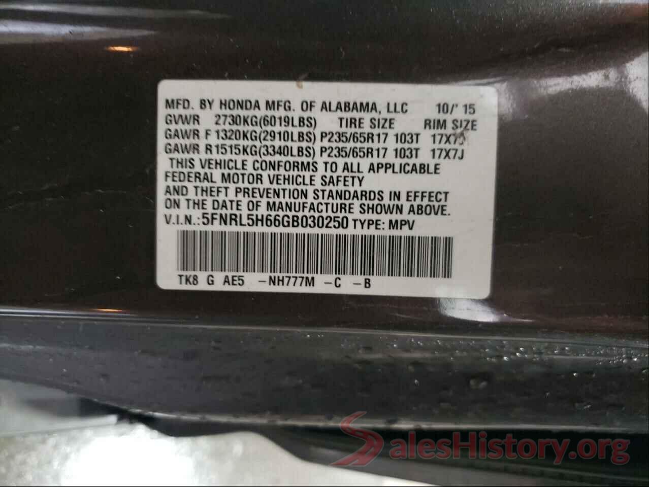 5FNRL5H66GB030250 2016 HONDA ODYSSEY