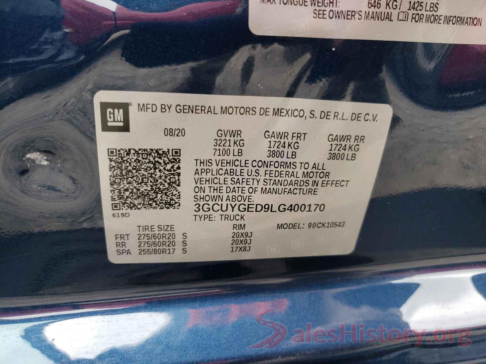 3GCUYGED9LG400170 2020 CHEVROLET SILVERADO