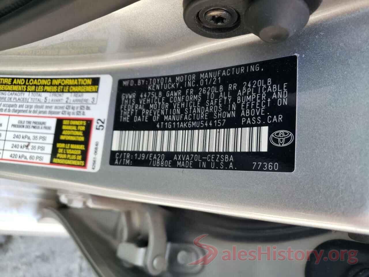 4T1G11AK6MU544157 2021 TOYOTA CAMRY