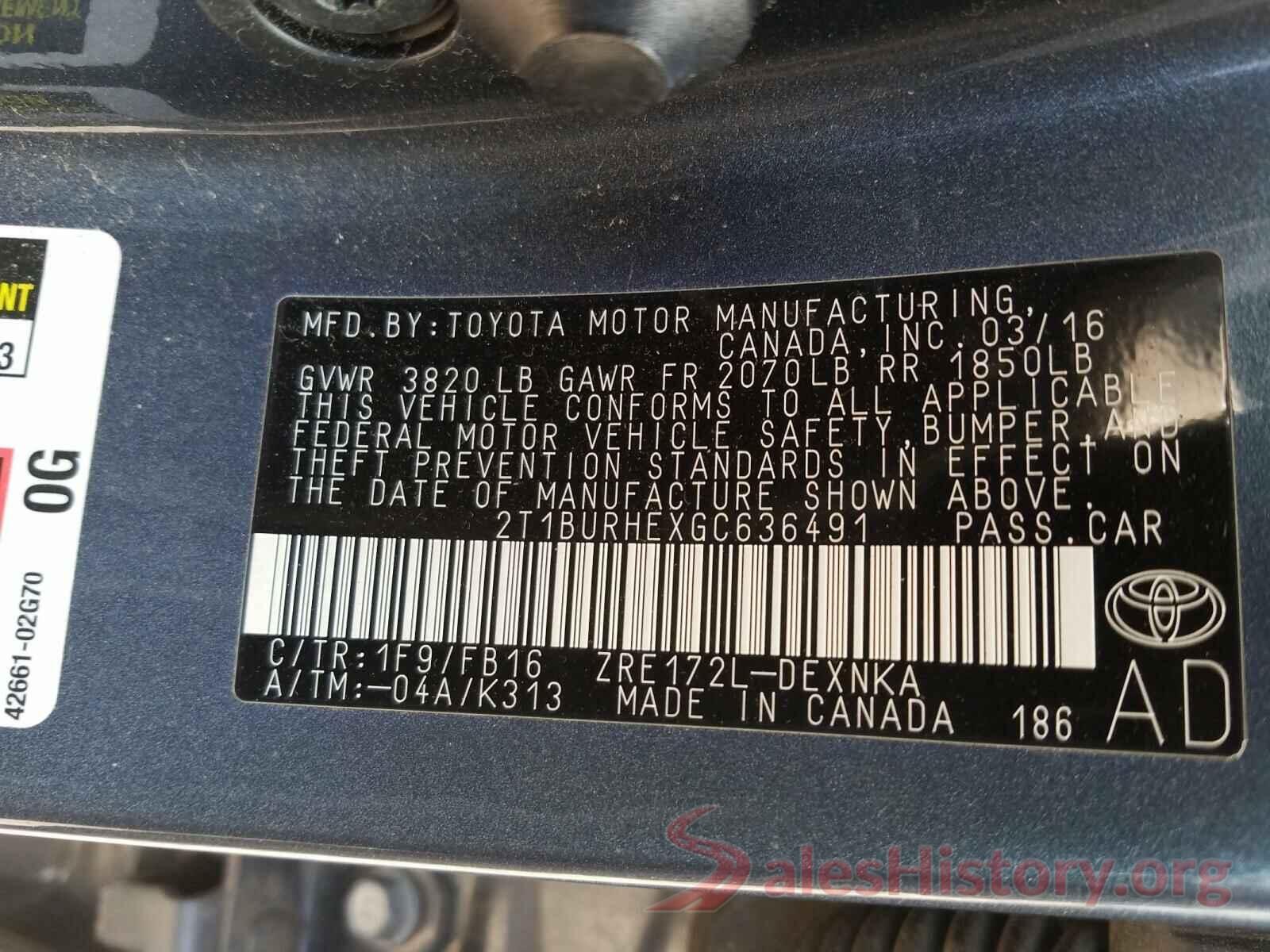 2T1BURHEXGC636491 2016 TOYOTA COROLLA