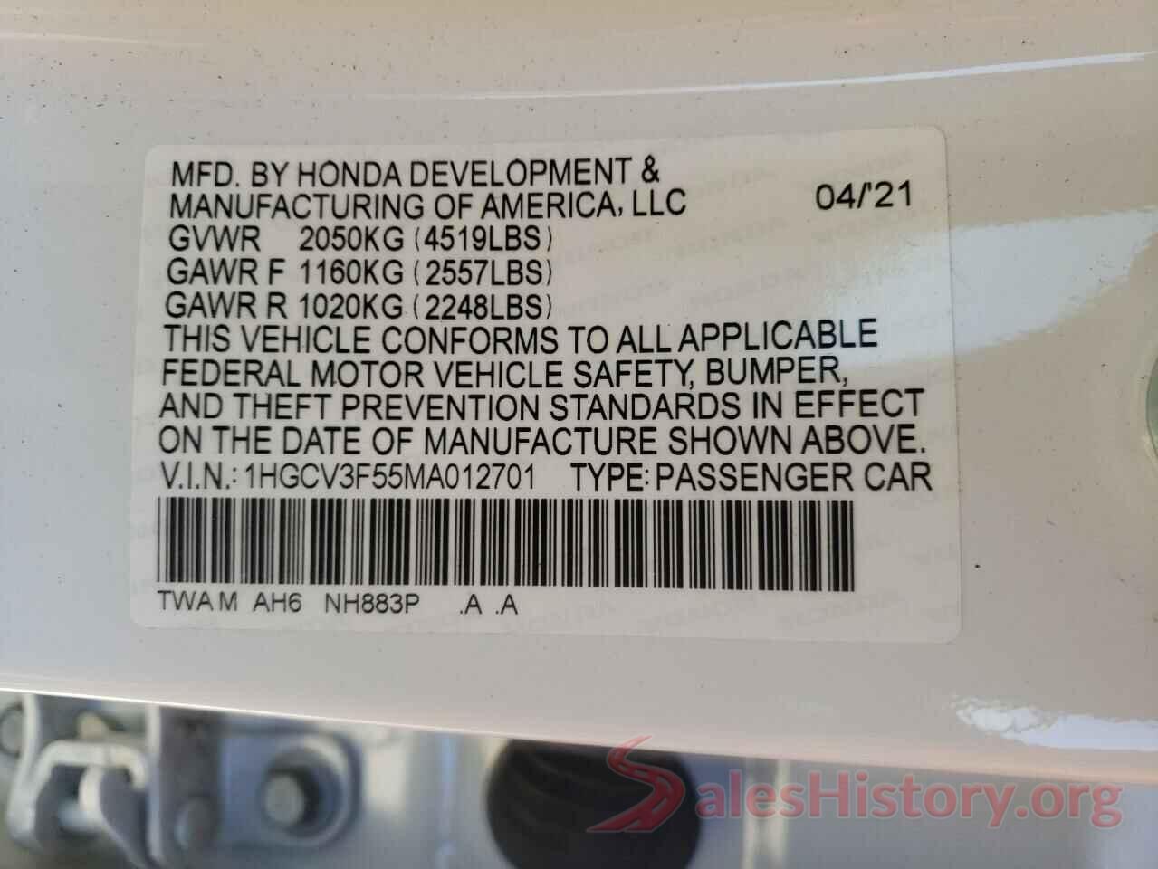 1HGCV3F55MA012701 2021 HONDA ACCORD