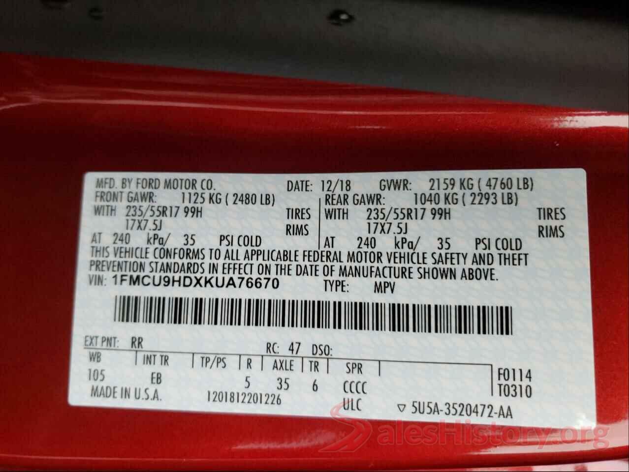 1FMCU9HDXKUA76670 2019 FORD ESCAPE