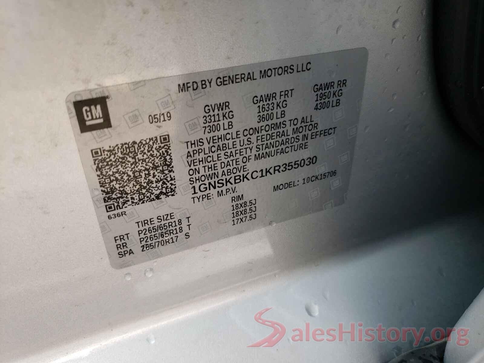 1GNSKBKC1KR355030 2019 CHEVROLET TAHOE