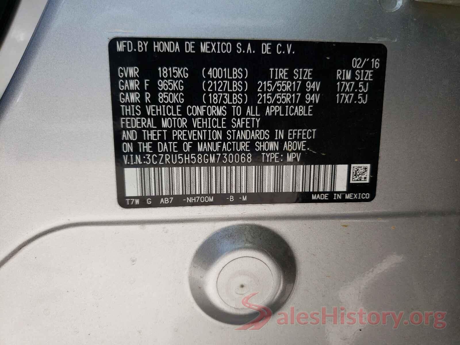 3CZRU5H58GM730068 2016 HONDA HR-V