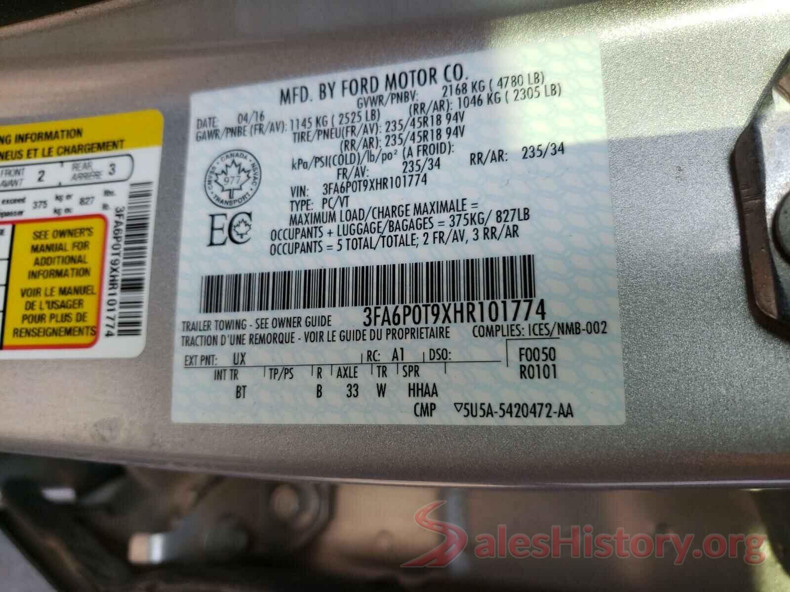 3FA6P0T9XHR101774 2017 FORD FUSION