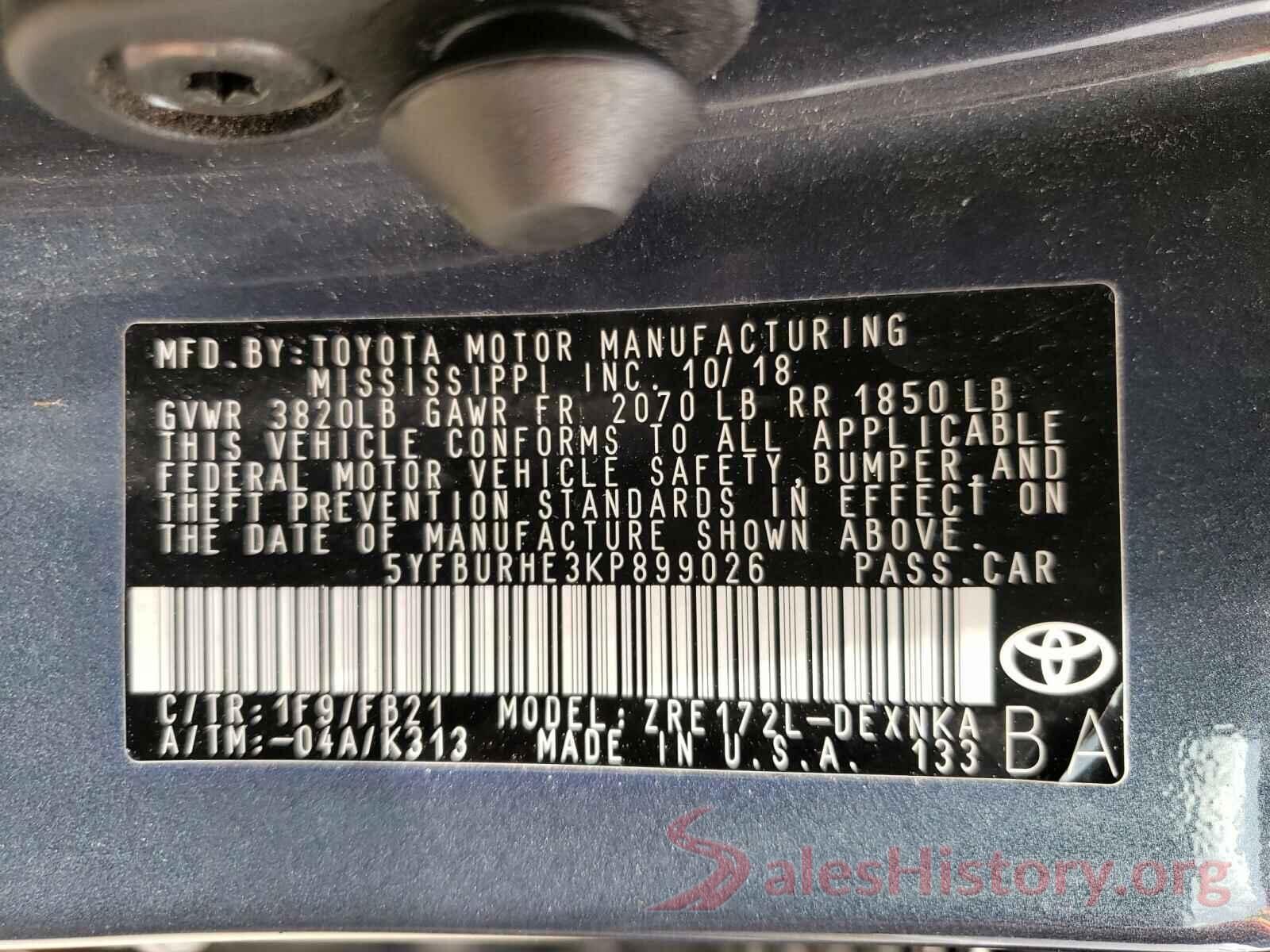 5YFBURHE3KP899026 2019 TOYOTA COROLLA