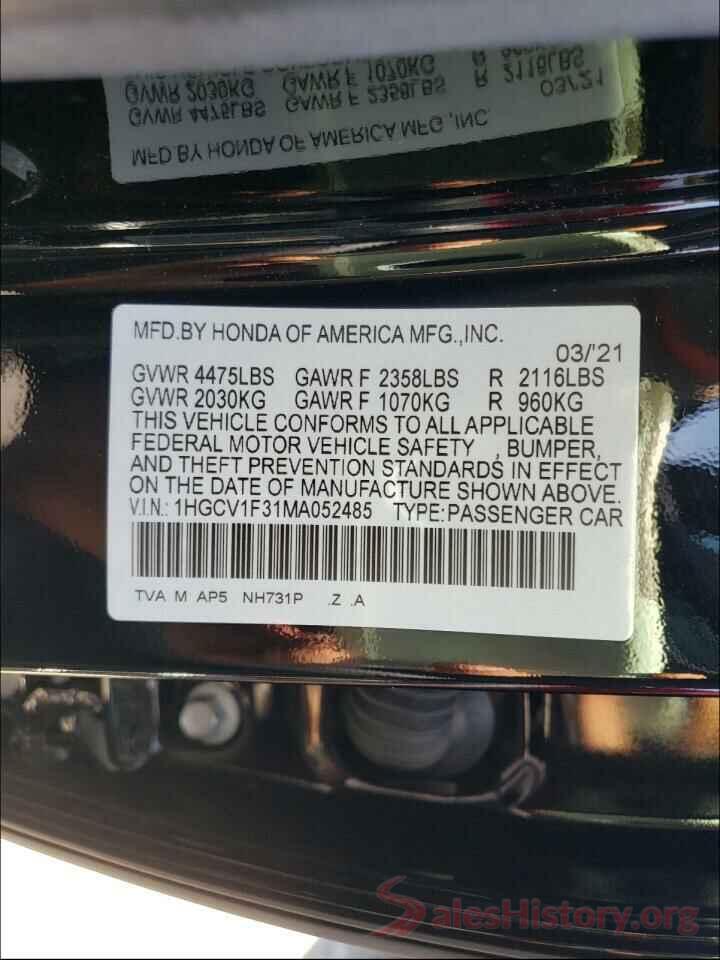 1HGCV1F31MA052485 2021 HONDA ACCORD