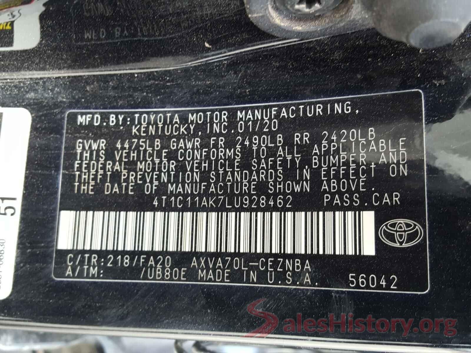 4T1C11AK7LU928462 2020 TOYOTA CAMRY