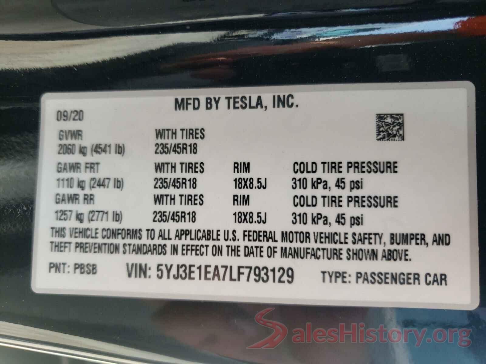 5YJ3E1EA7LF793129 2020 TESLA MODEL 3