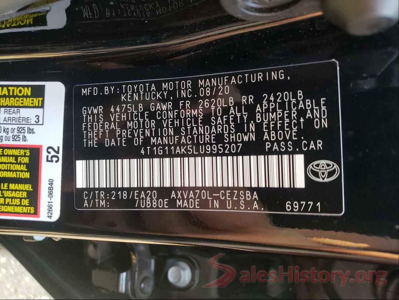 4T1G11AK5LU995207 2020 TOYOTA CAMRY