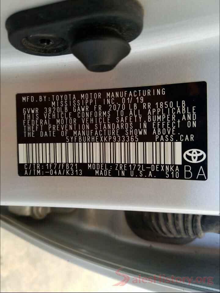 5YFBURHEXKP933365 2019 TOYOTA COROLLA