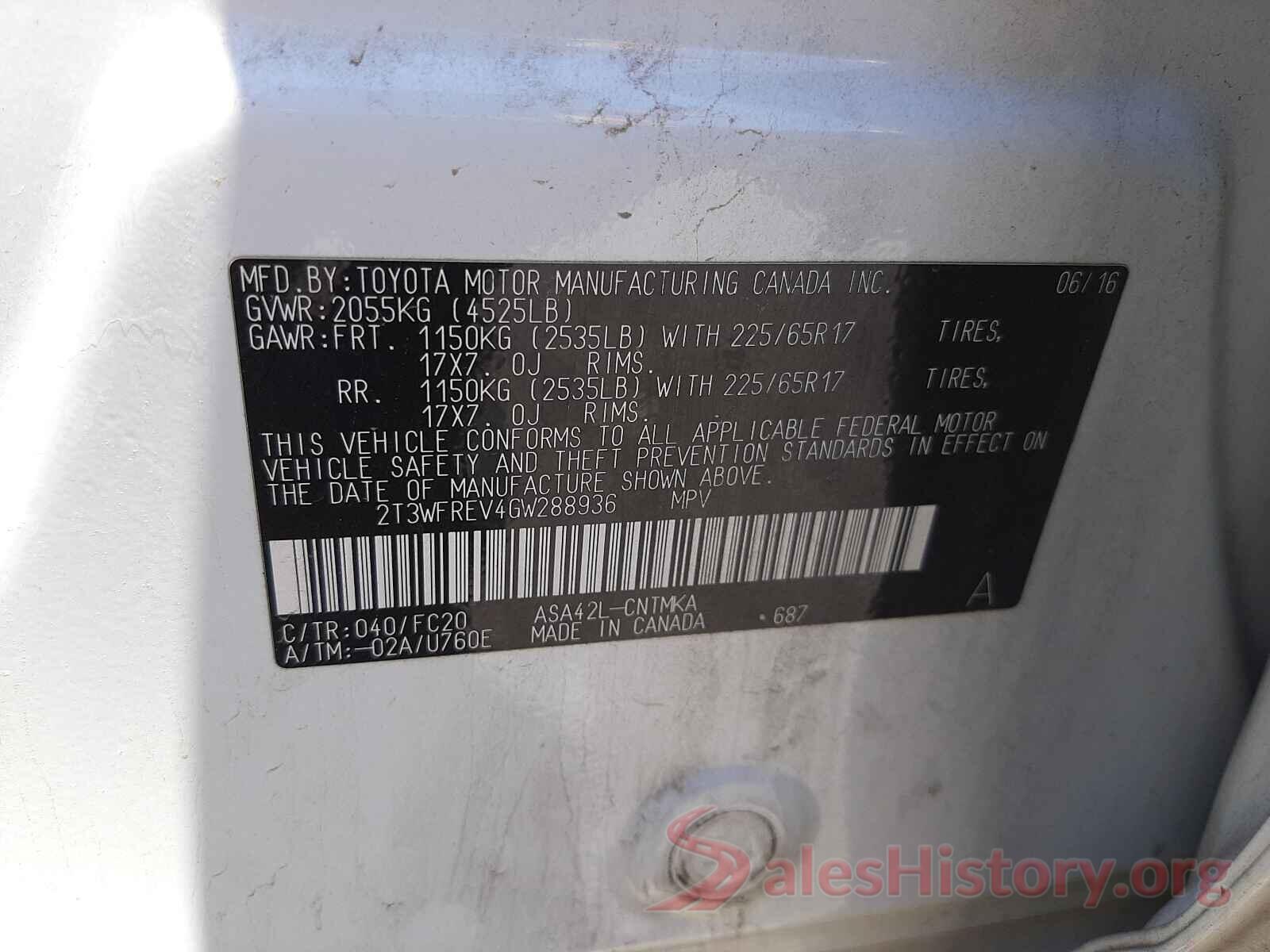 2T3WFREV4GW288936 2016 TOYOTA RAV4