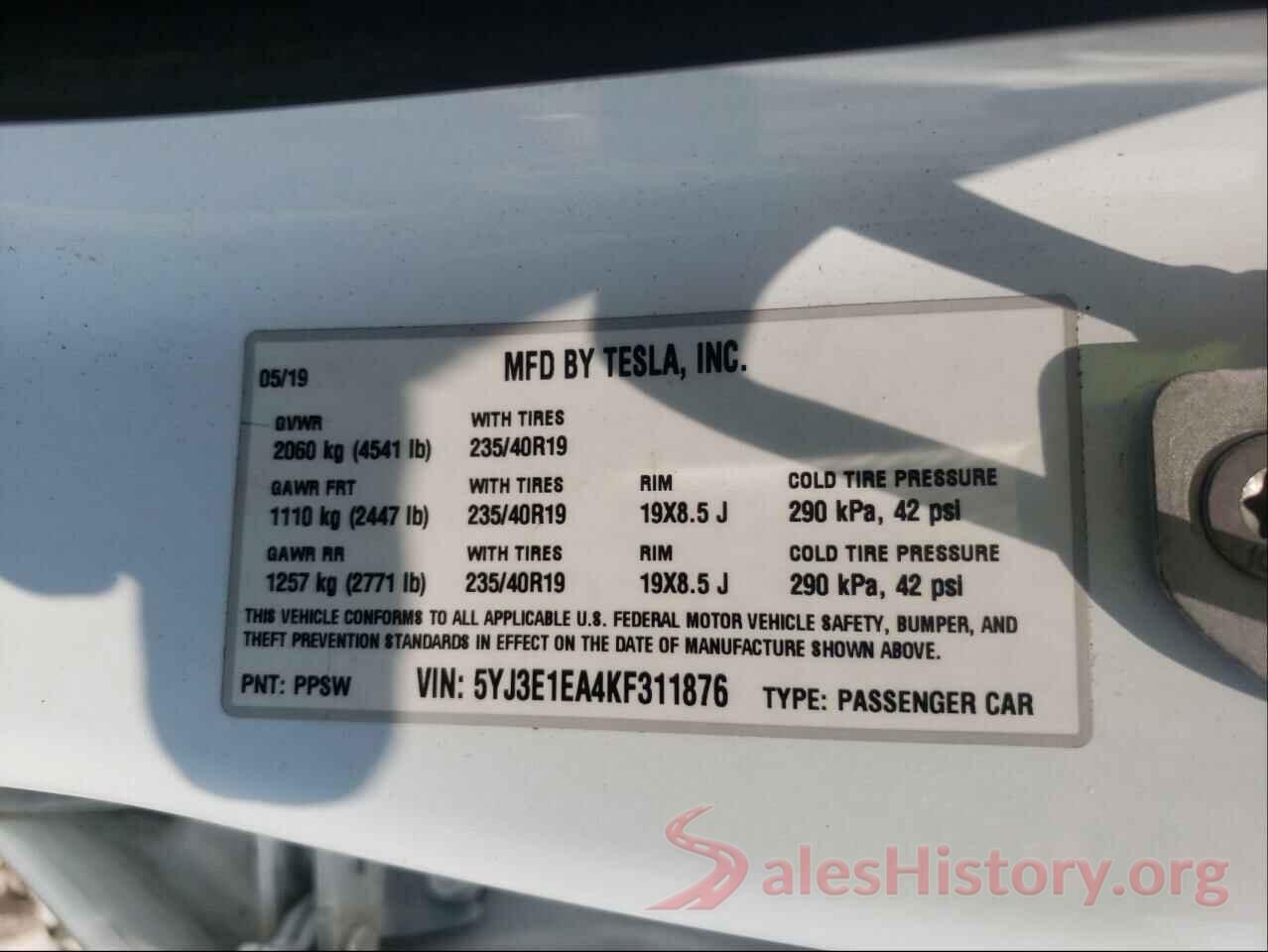 5YJ3E1EA4KF311876 2019 TESLA MODEL 3