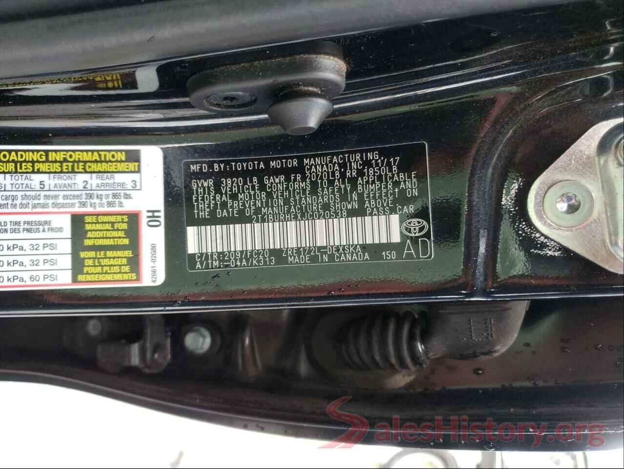 2T1BURHEXJC020538 2018 TOYOTA COROLLA