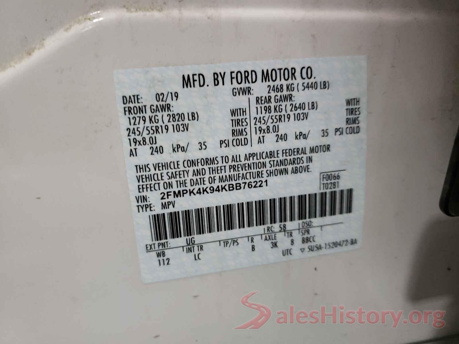 2FMPK4K94KBB76221 2019 FORD EDGE