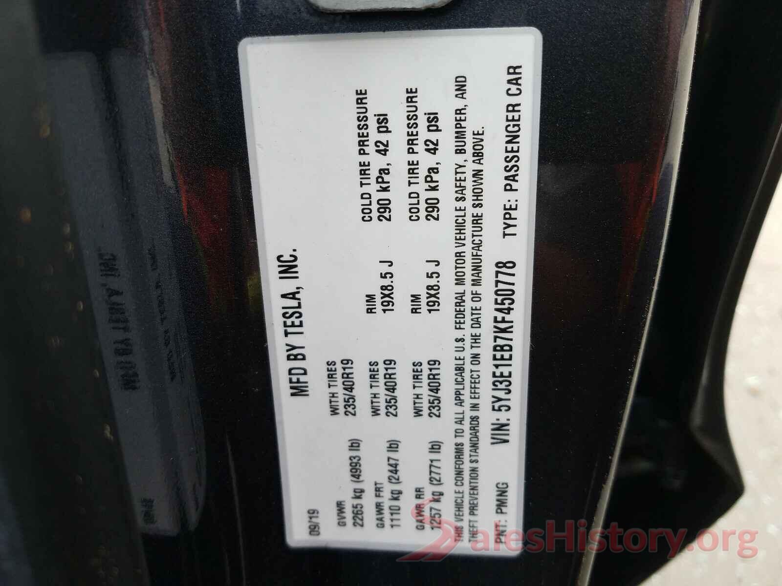 5YJ3E1EB7KF450778 2019 TESLA MODEL 3