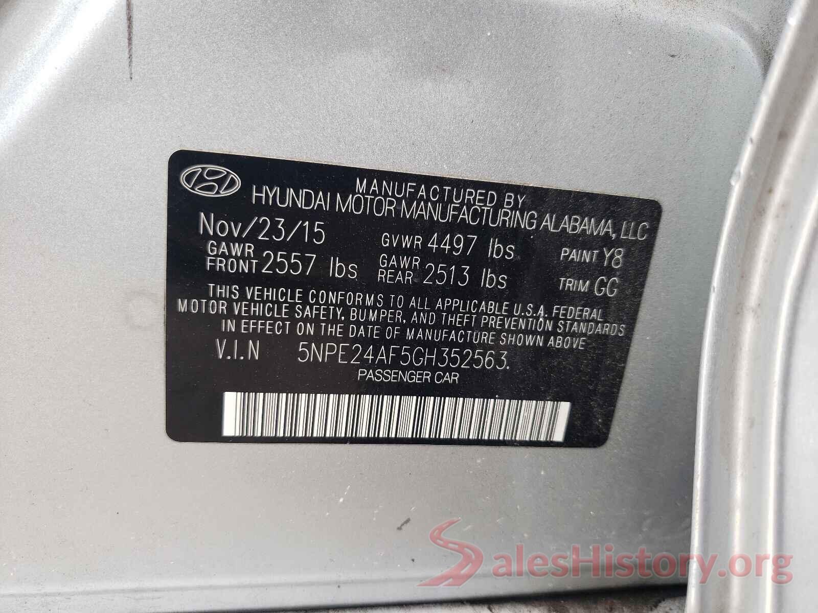 5NPE24AF5GH352563 2016 HYUNDAI SONATA