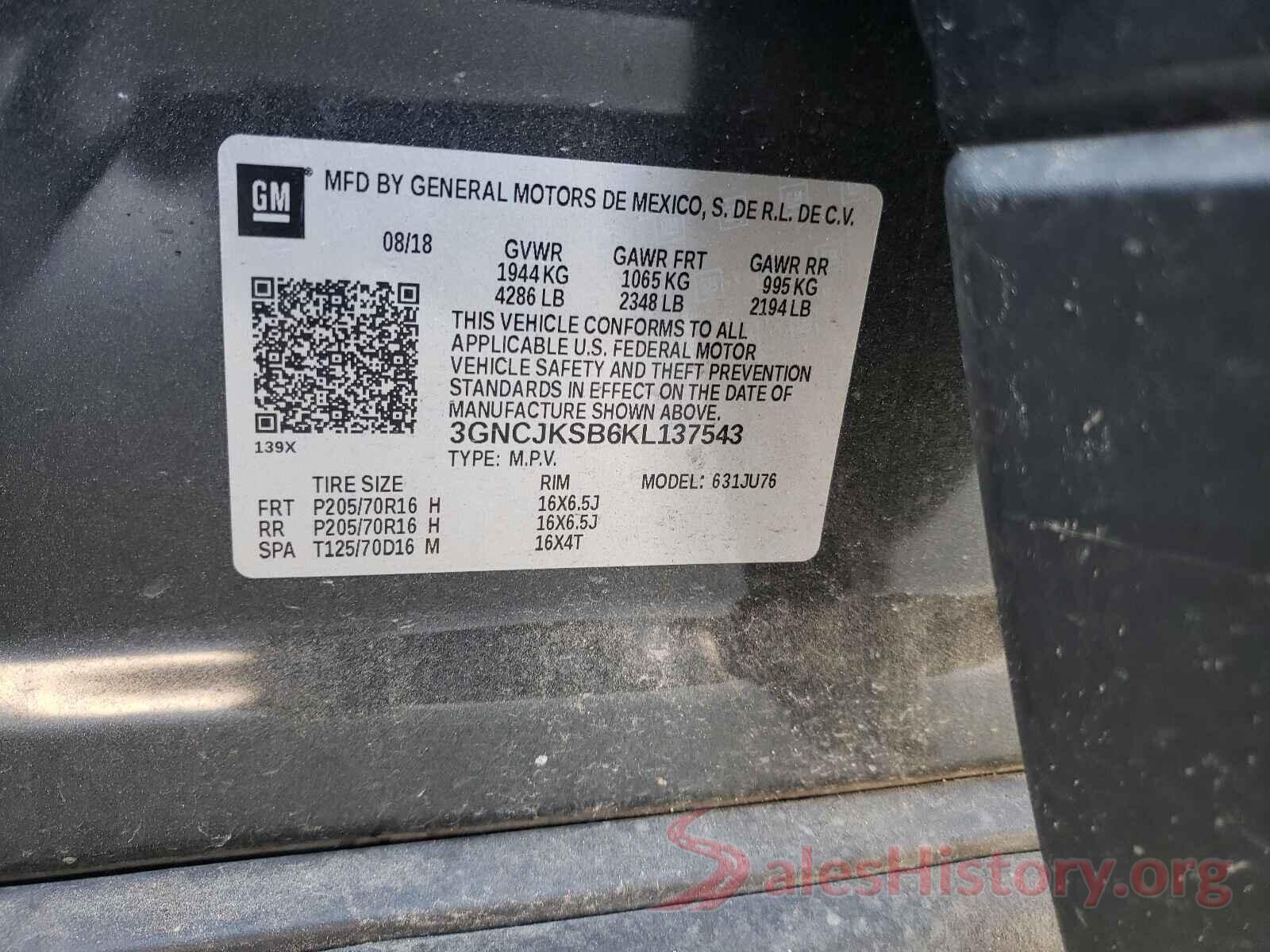 3GNCJKSB6KL137543 2019 CHEVROLET TRAX