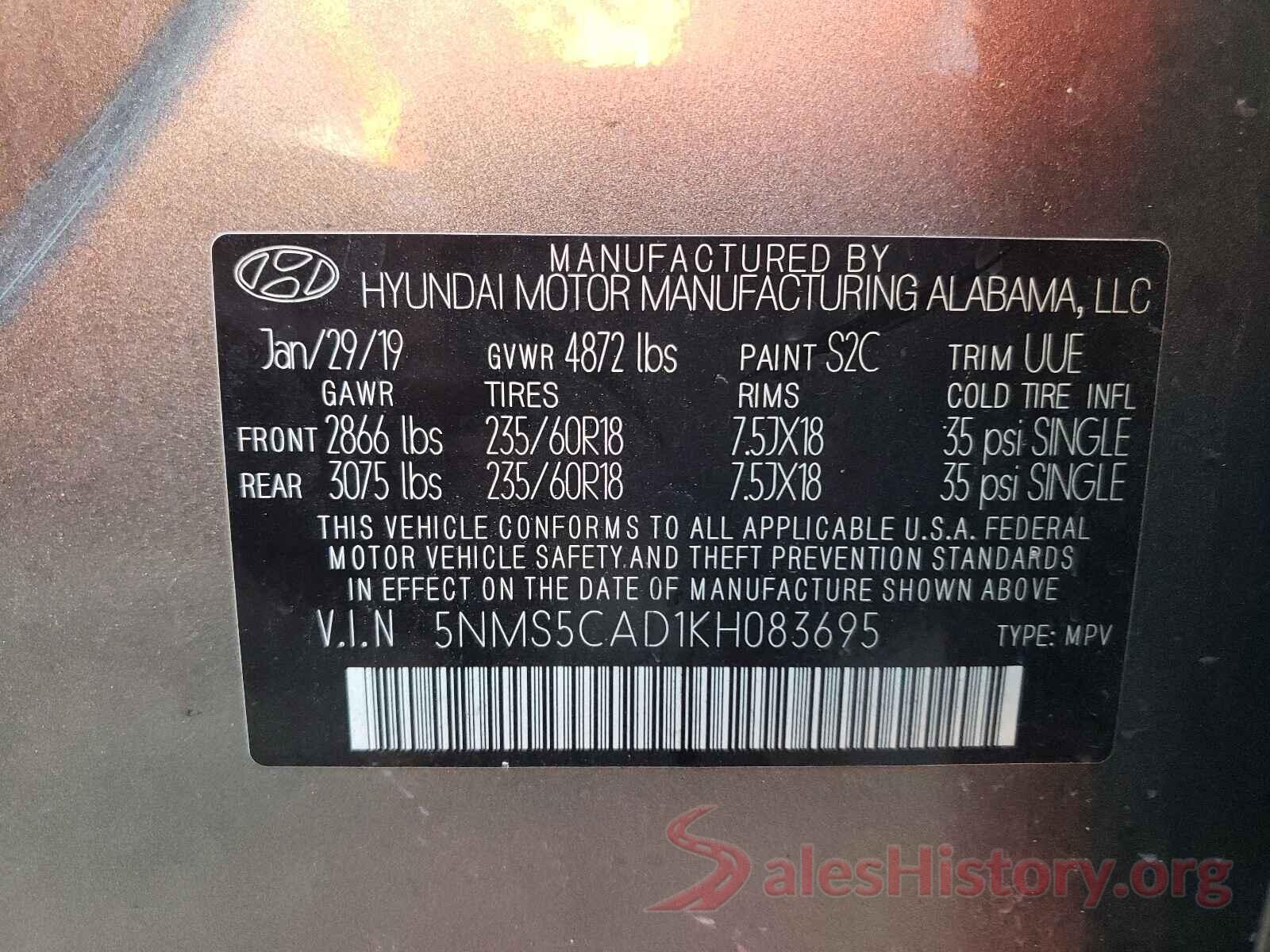 5NMS5CAD1KH083695 2019 HYUNDAI SANTA FE