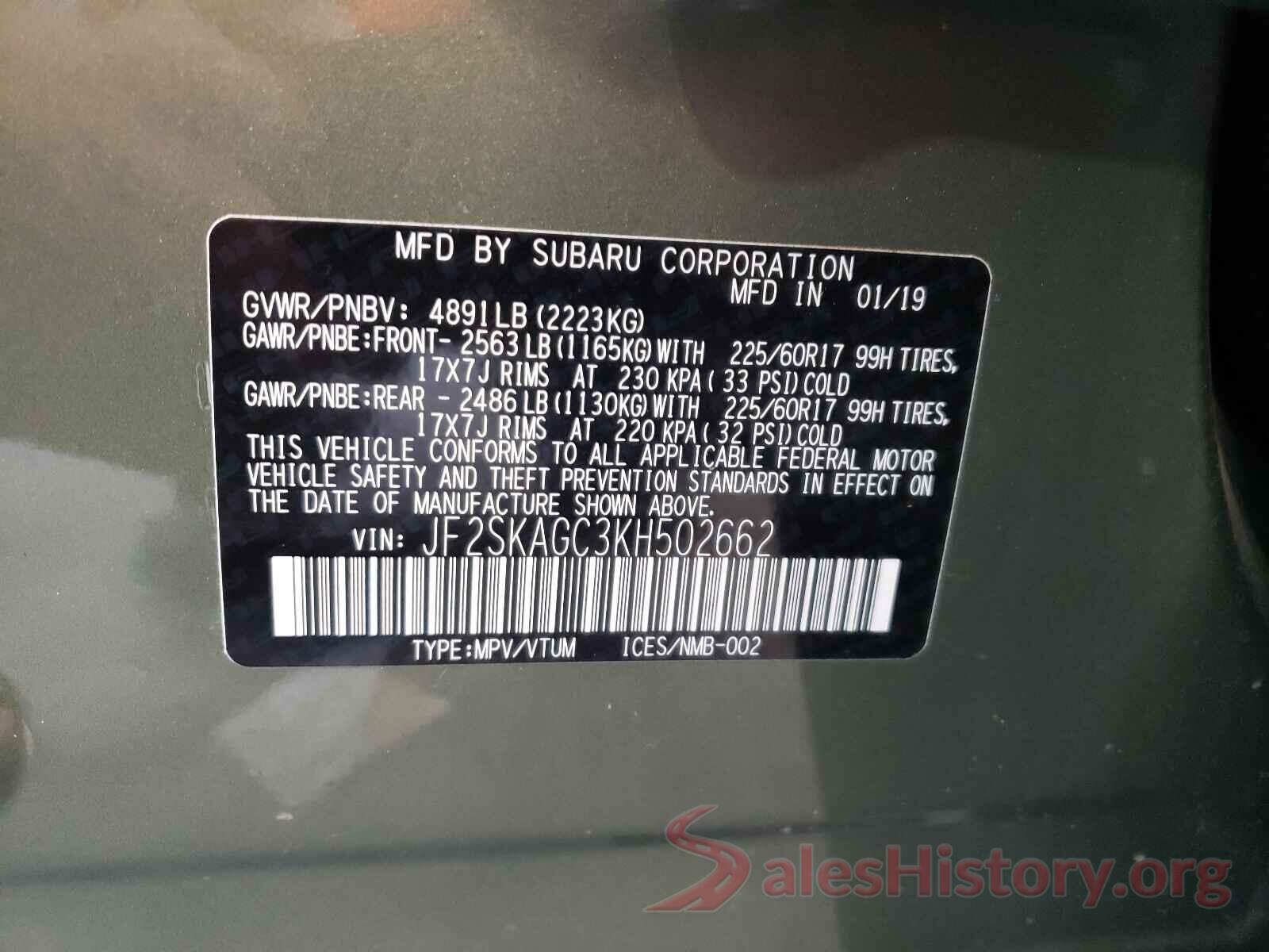 JF2SKAGC3KH502662 2019 SUBARU FORESTER