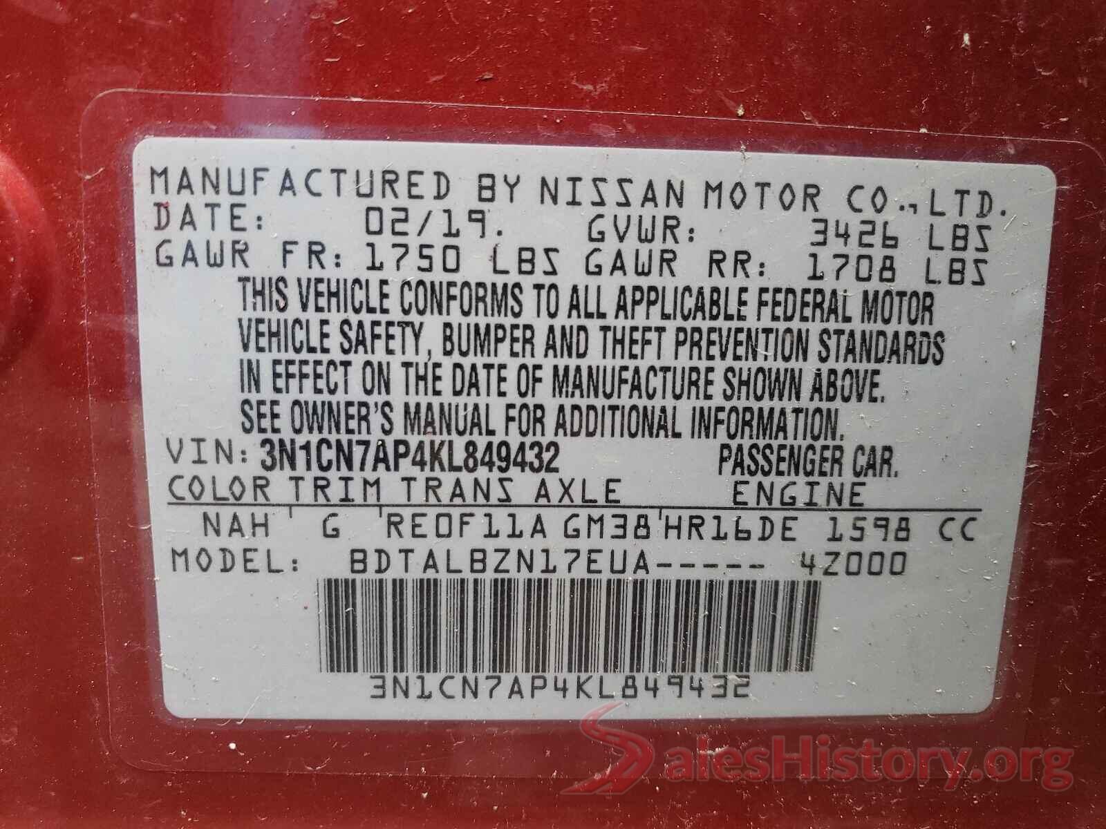 3N1CN7AP4KL849432 2019 NISSAN VERSA