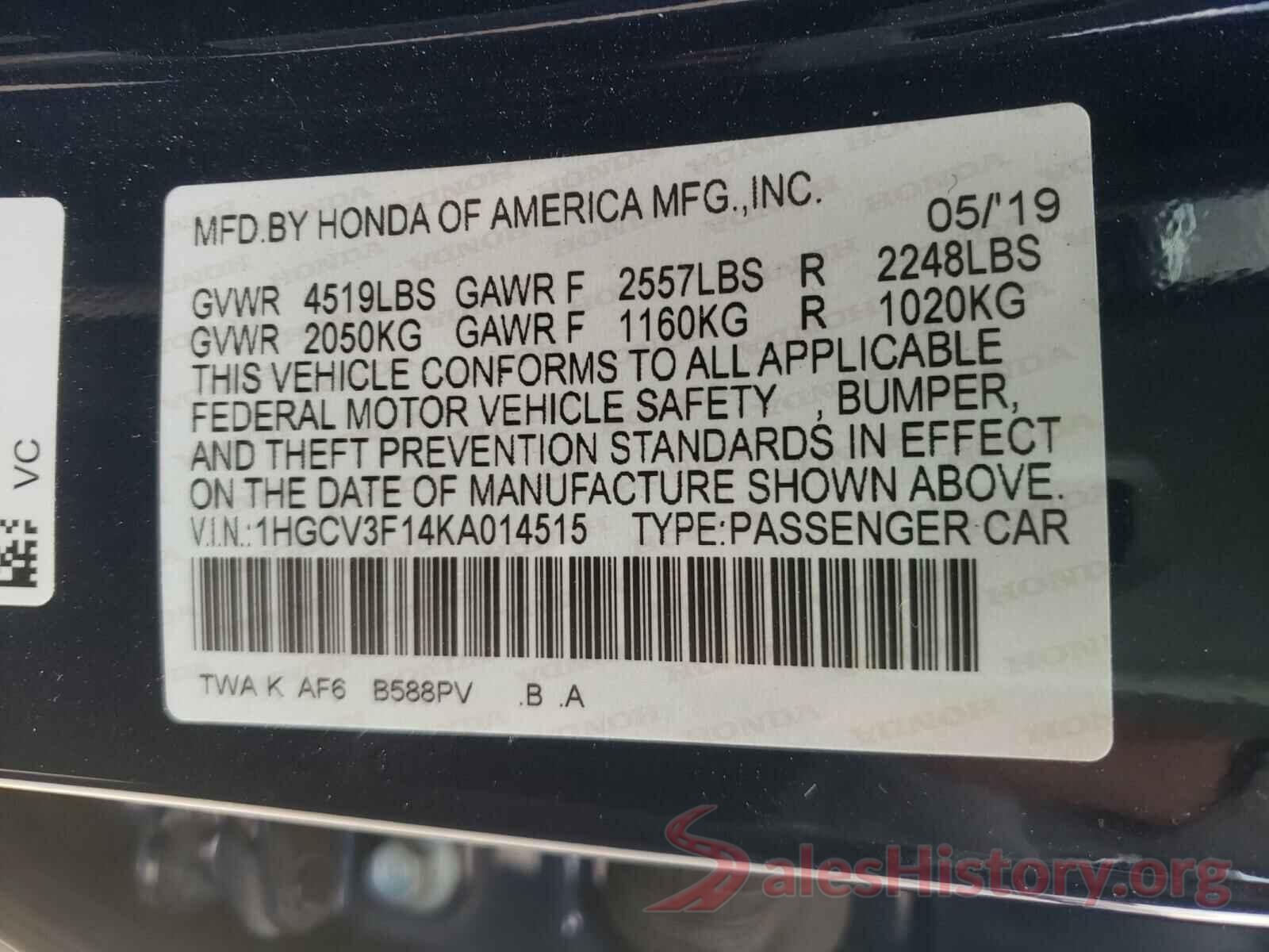 1HGCV3F14KA014515 2019 HONDA ACCORD