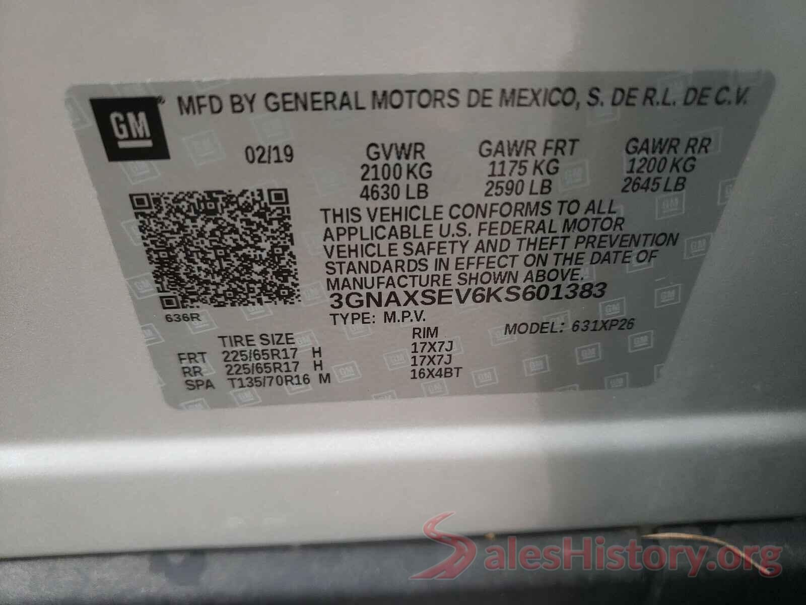 3GNAXSEV6KS601383 2019 CHEVROLET EQUINOX