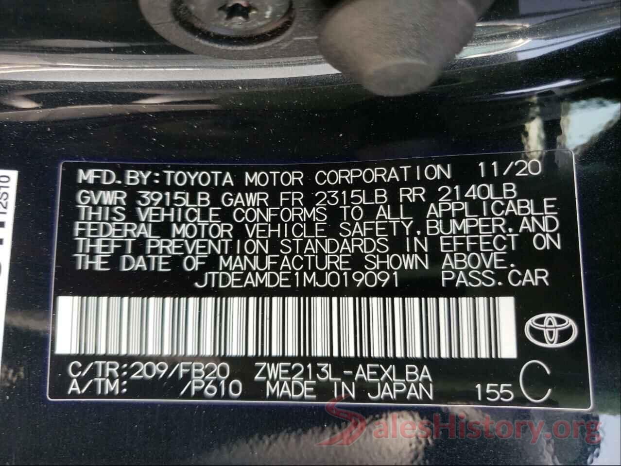 JTDEAMDE1MJ019091 2021 TOYOTA COROLLA