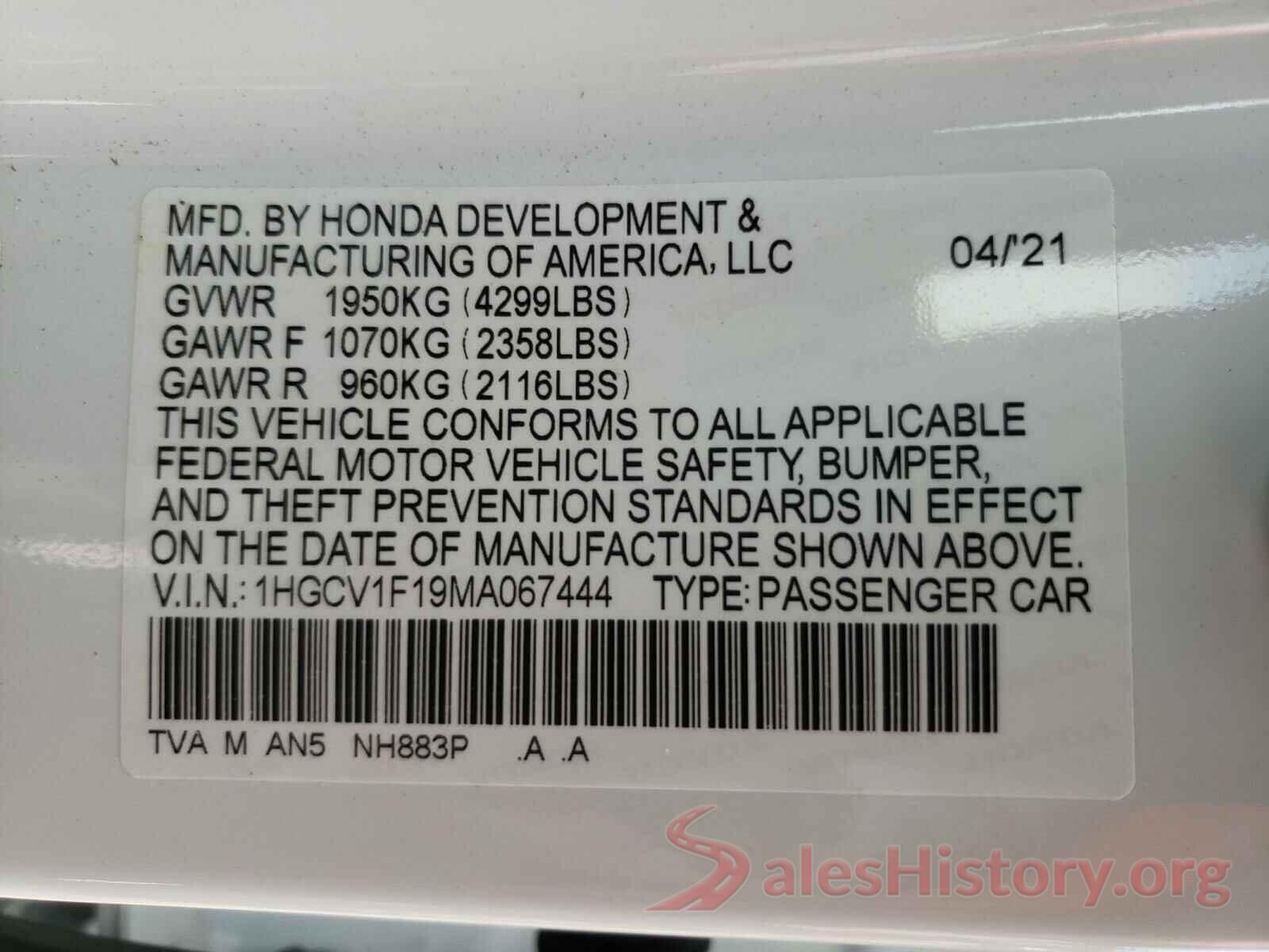 1HGCV1F19MA067444 2021 HONDA ACCORD