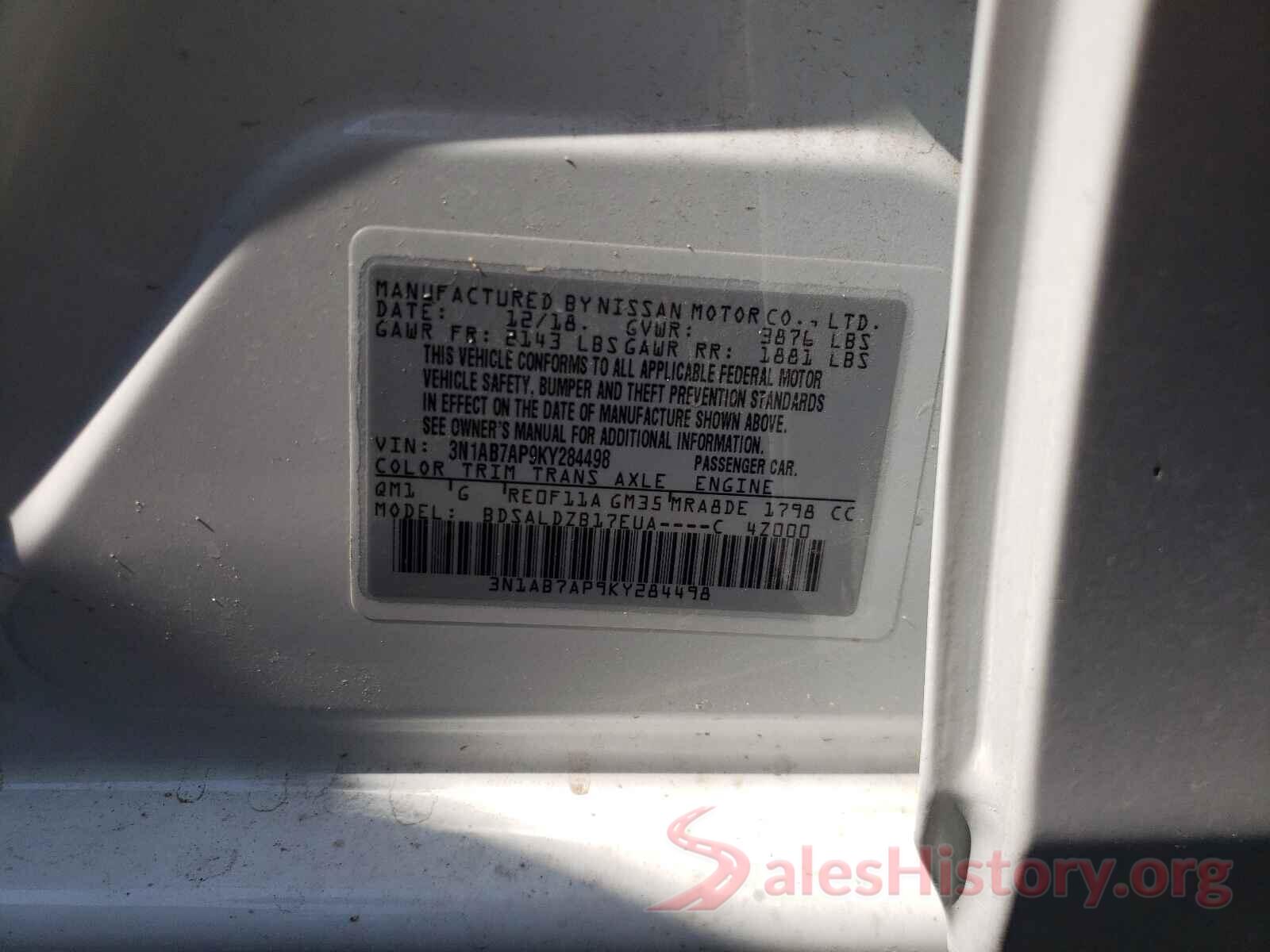 3N1AB7AP9KY284498 2019 NISSAN SENTRA