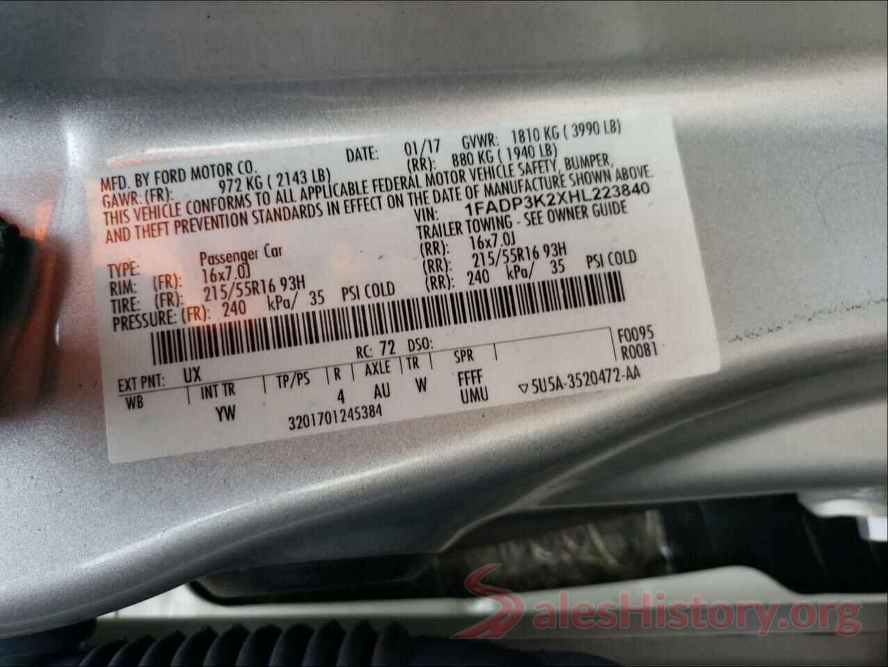 1FADP3K2XHL223840 2017 FORD FOCUS