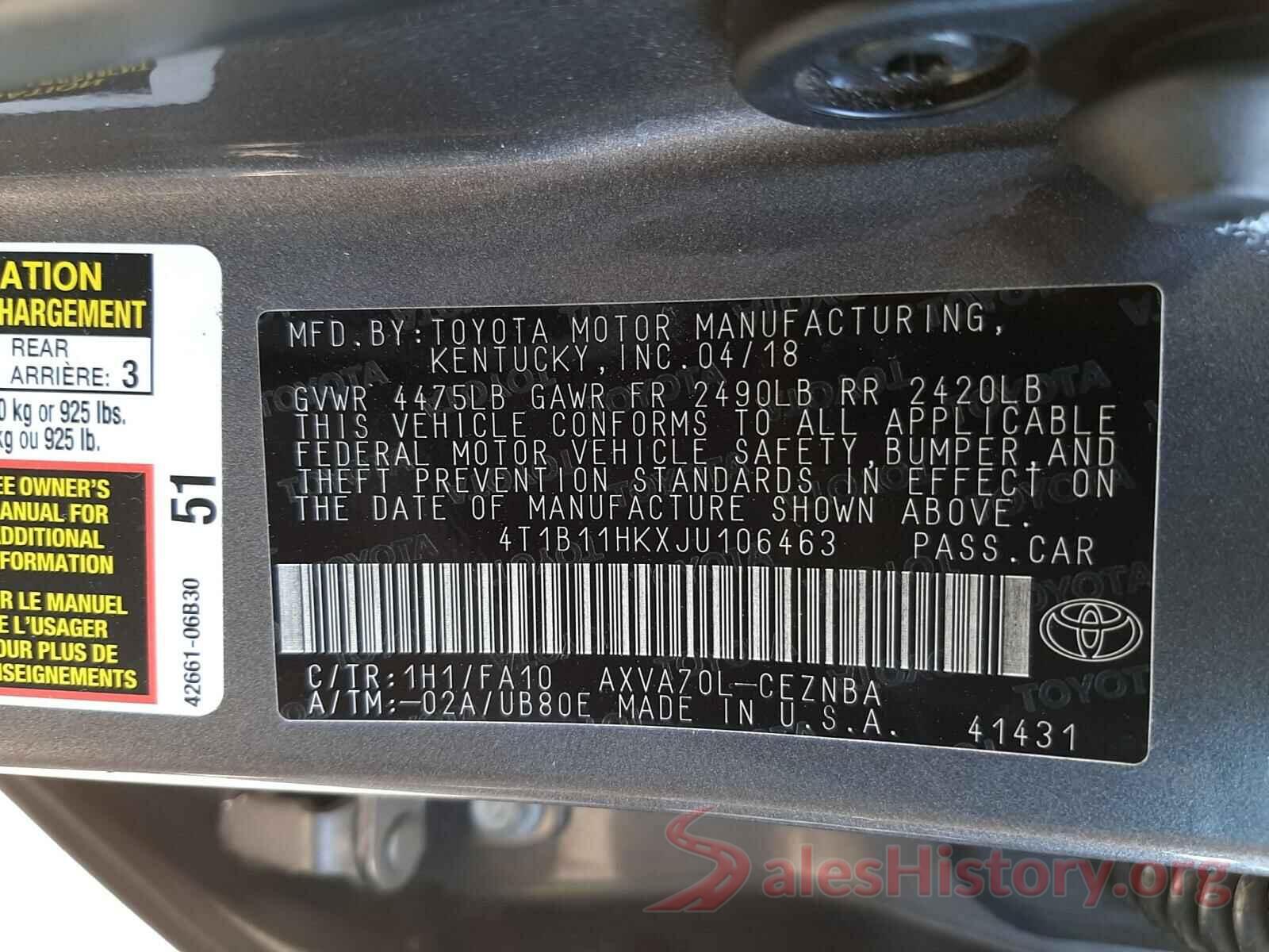 4T1B11HKXJU106463 2018 TOYOTA CAMRY