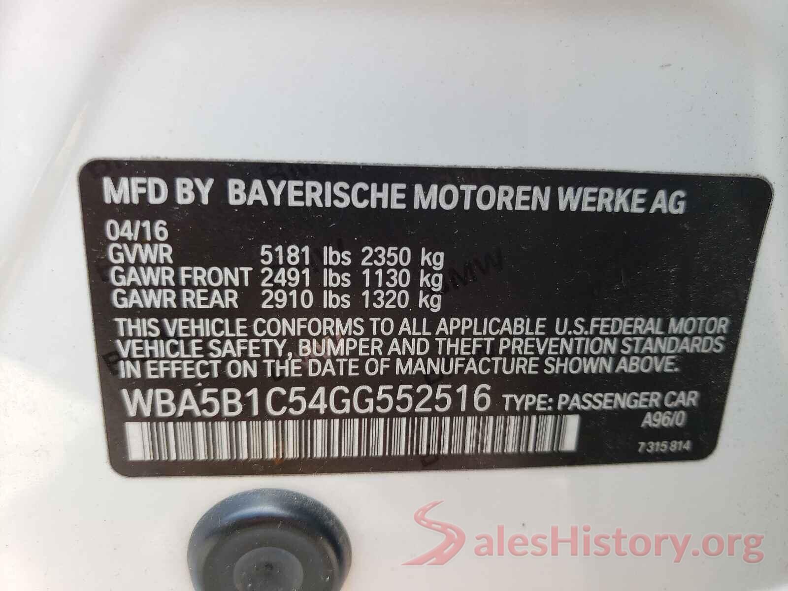 WBA5B1C54GG552516 2016 BMW 5 SERIES