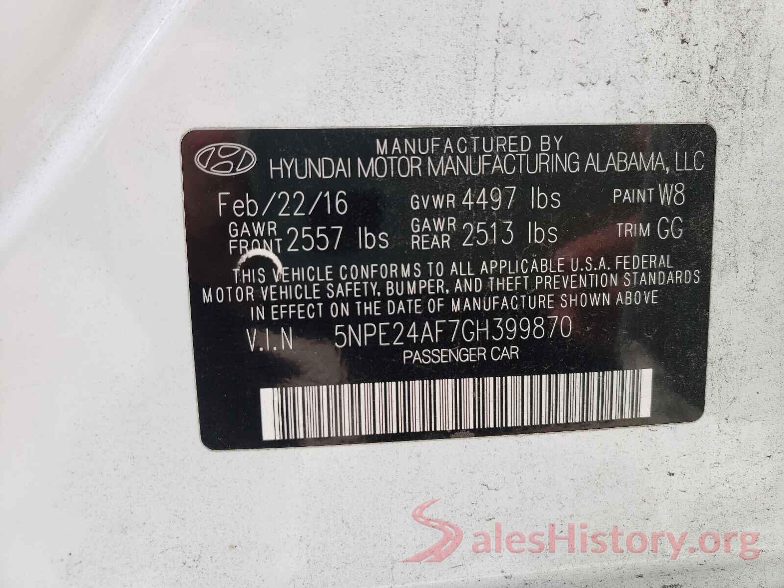 5NPE24AF7GH399870 2016 HYUNDAI SONATA