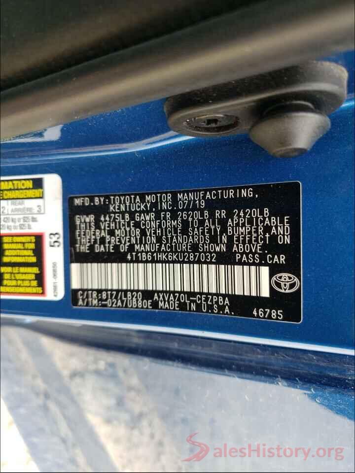 4T1B61HK6KU287032 2019 TOYOTA CAMRY